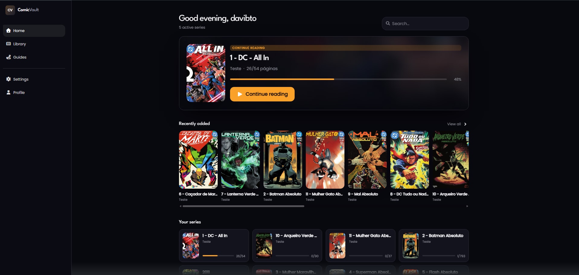 ComicVault home with reading progress, recently added comics and series
